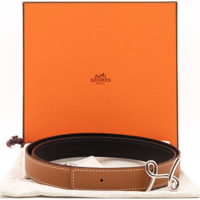 Hermes H Cursives Silver Belt Buckle & Reversible Noir Gold  display picture 1