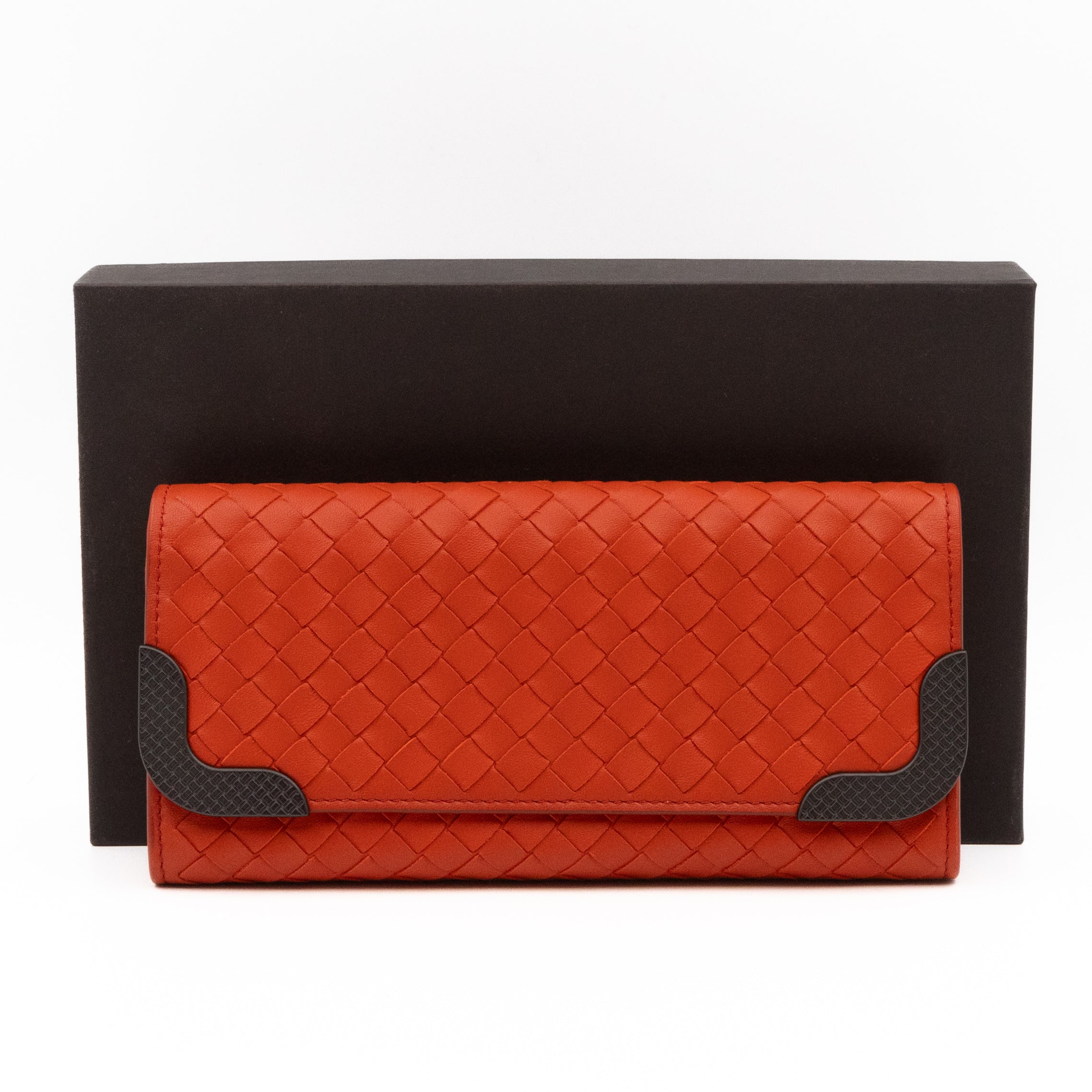 Continental Wallet Metal Edge Orange Intrecciato Leather