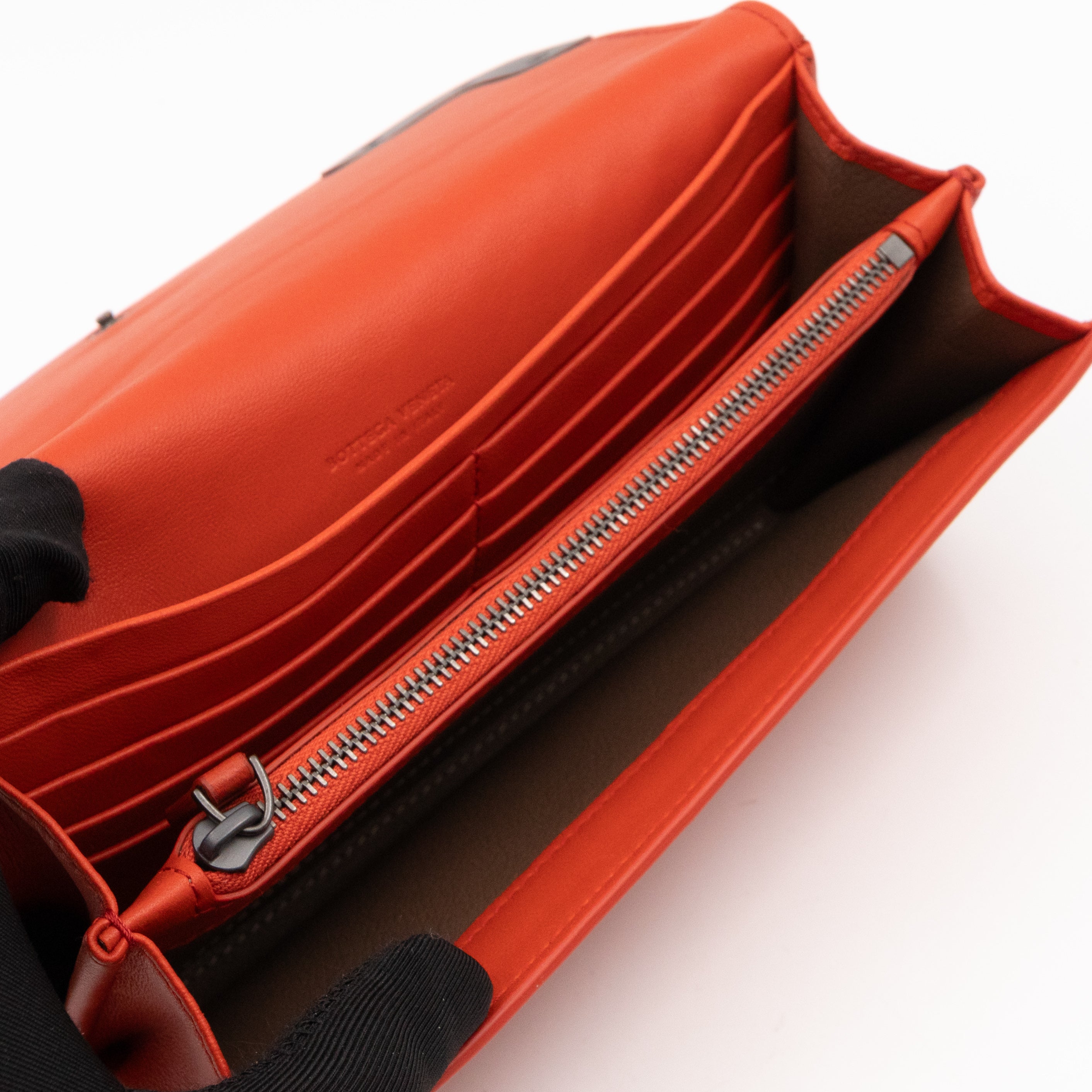 Continental Wallet Metal Edge Orange Intrecciato Leather