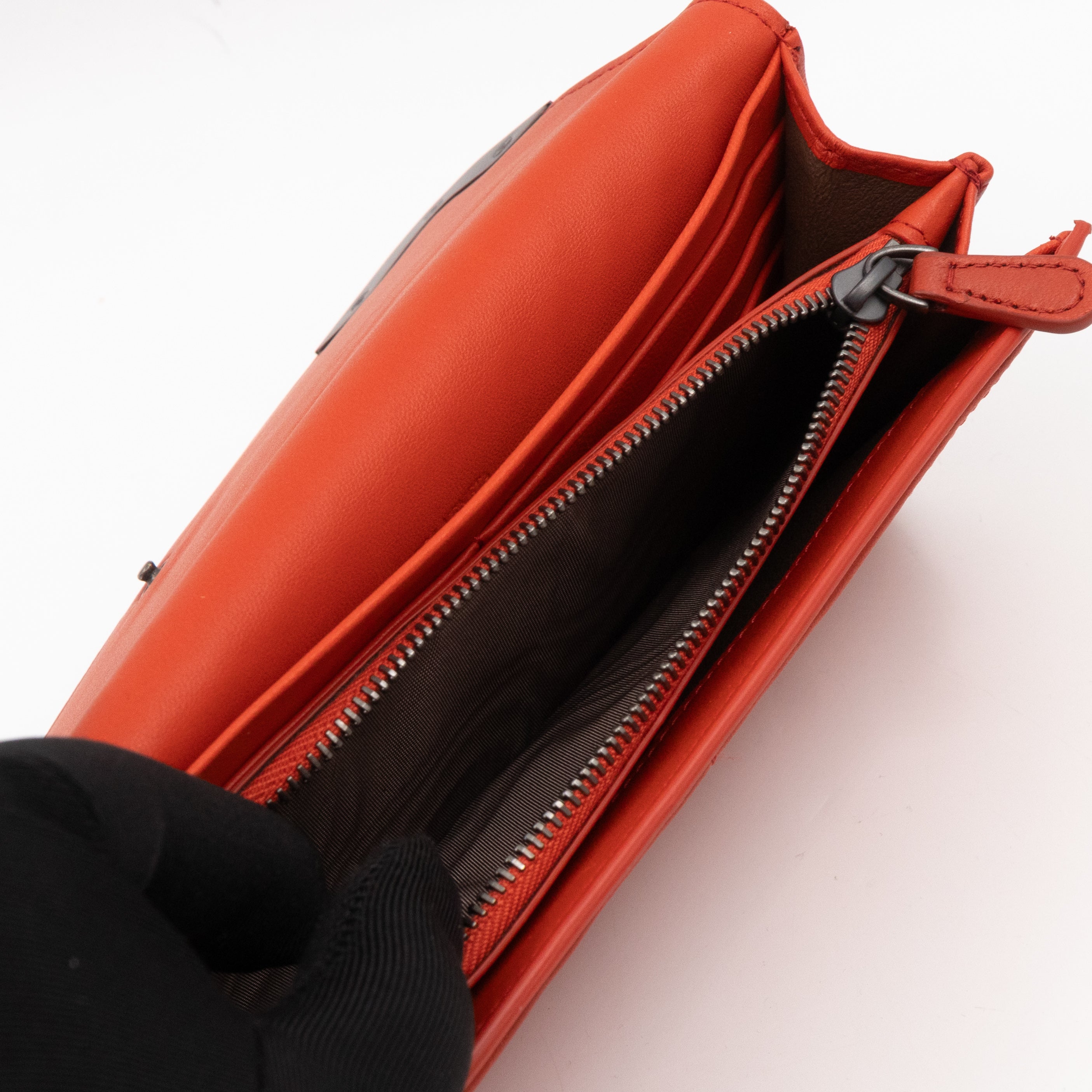 Continental Wallet Metal Edge Orange Intrecciato Leather