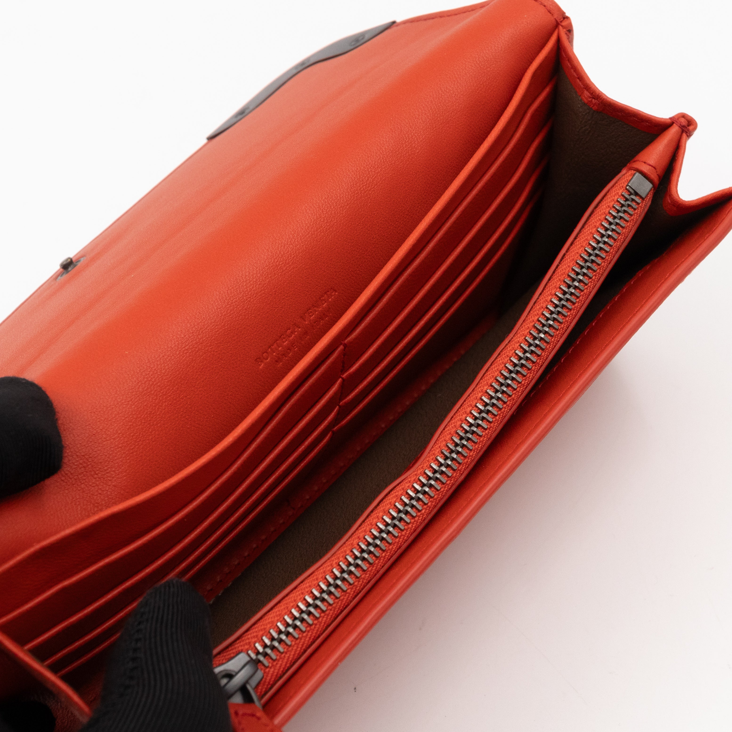 Continental Wallet Metal Edge Orange Intrecciato Leather