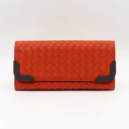 Continental Wallet Metal Edge Orange Intrecciato Leather