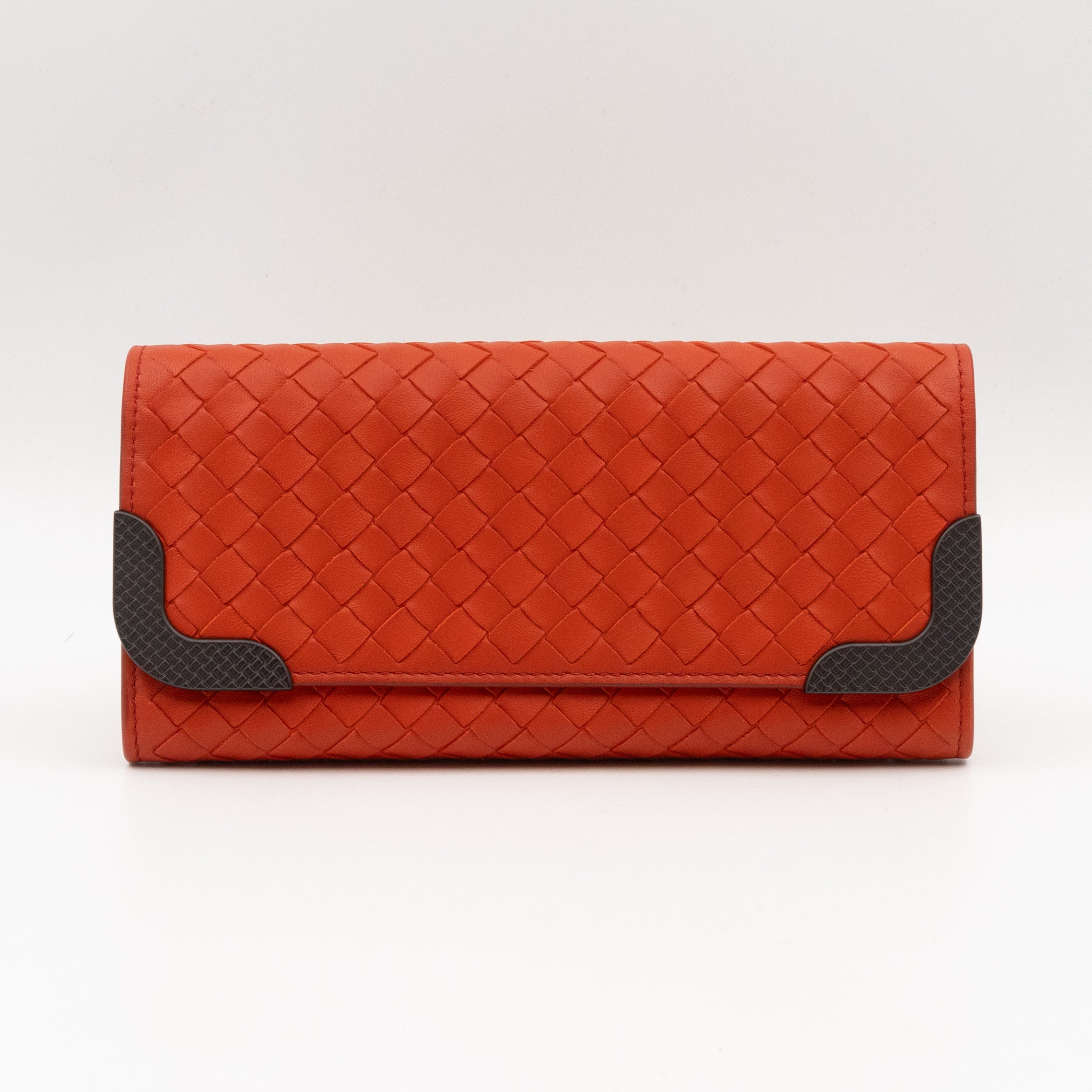 Continental Wallet Metal Edge Orange Intrecciato Leather