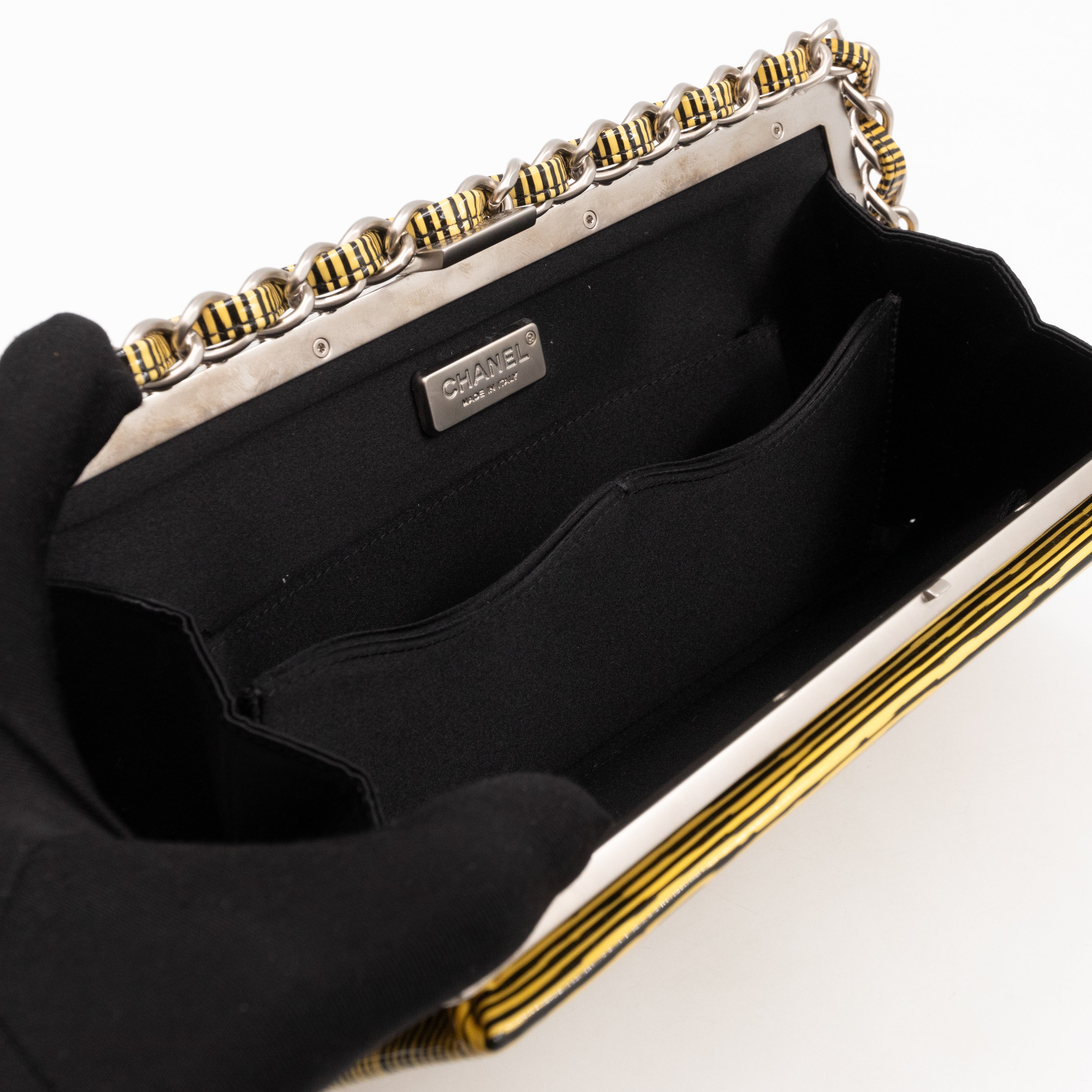 Long Frame Clutch Yellow Striped Patent Leather