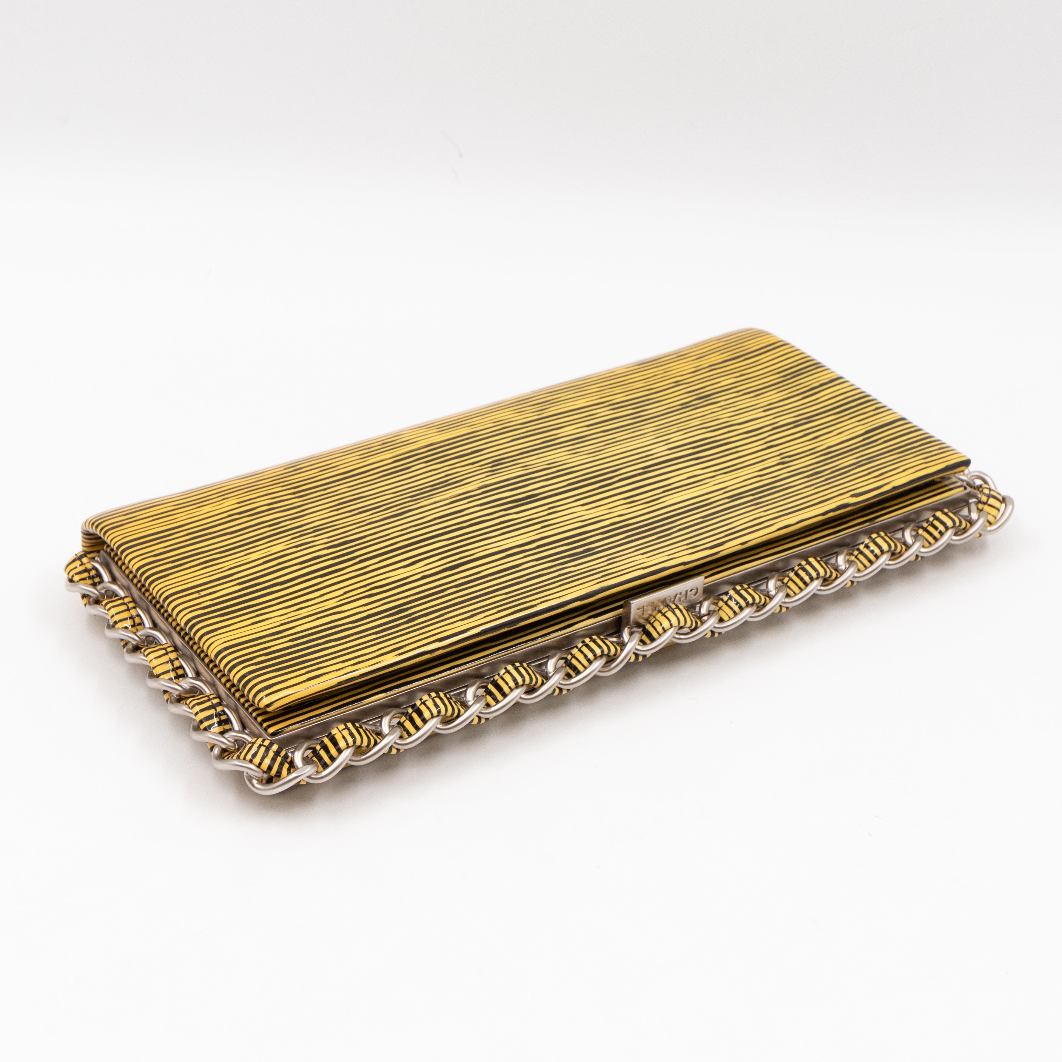 Long Frame Clutch Yellow Striped Patent Leather
