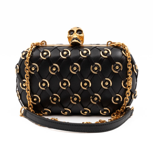 Skull Clutch with chain Grommet Black Lattice Weave Leather