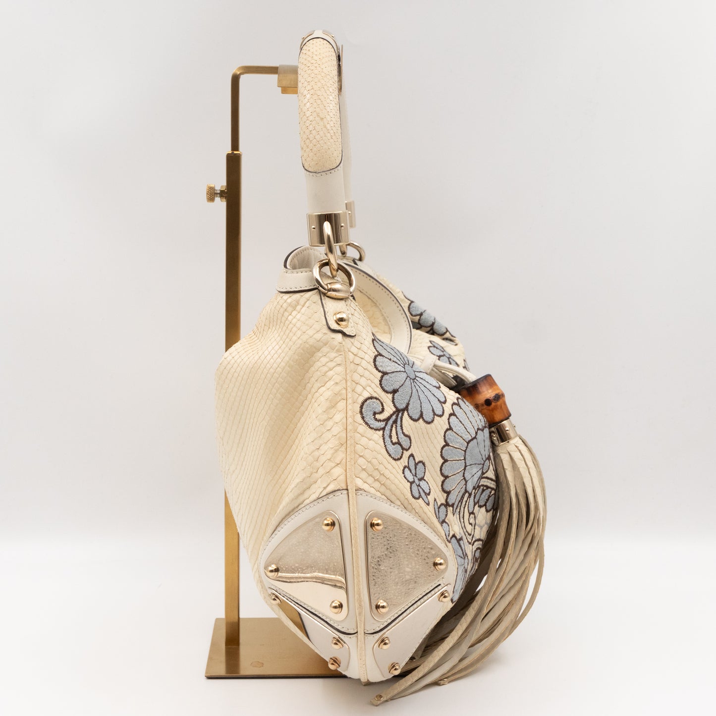 Indy Top Handle Bag Embroidered White Python Leather
