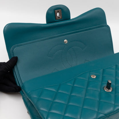 Classic Double Flap Jumbo Turquoise Lambskin Silver