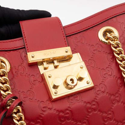 Padlock Small GG Shoulder Bag Hibiscus Red Guccissima Leather