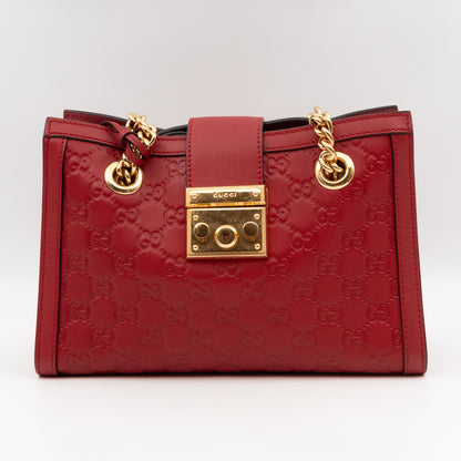 Padlock Small GG Shoulder Bag Hibiscus Red Guccissima Leather