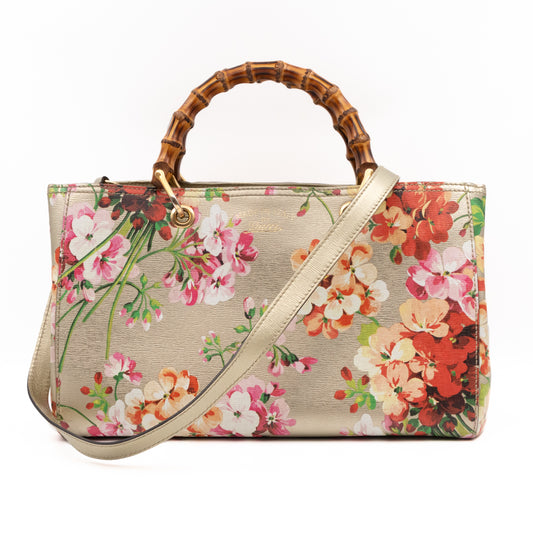 Bamboo Shopper Tote Champagne Leather with Floral Print