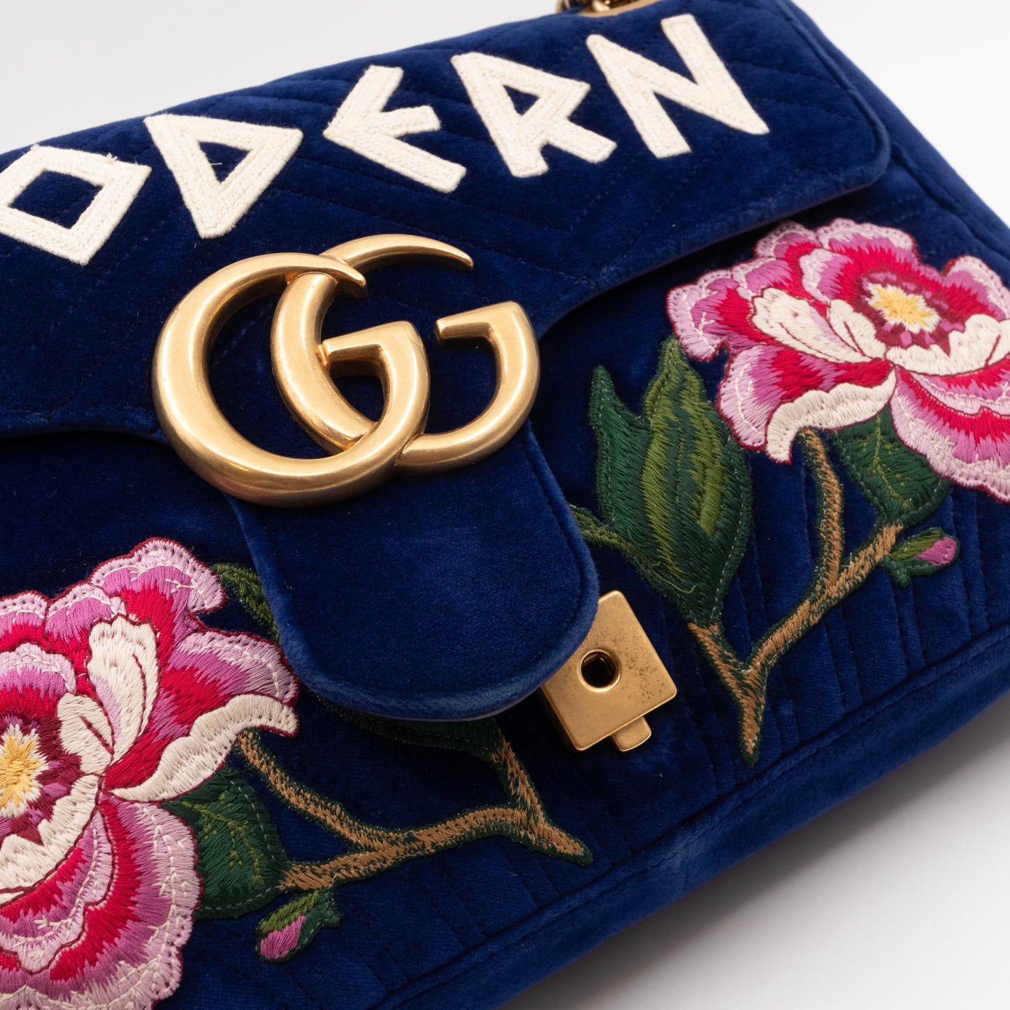 GG Marmont Matelasse Large Blue Velvet Embroidered