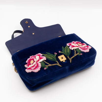 GG Marmont Matelasse Large Blue Velvet Embroidered