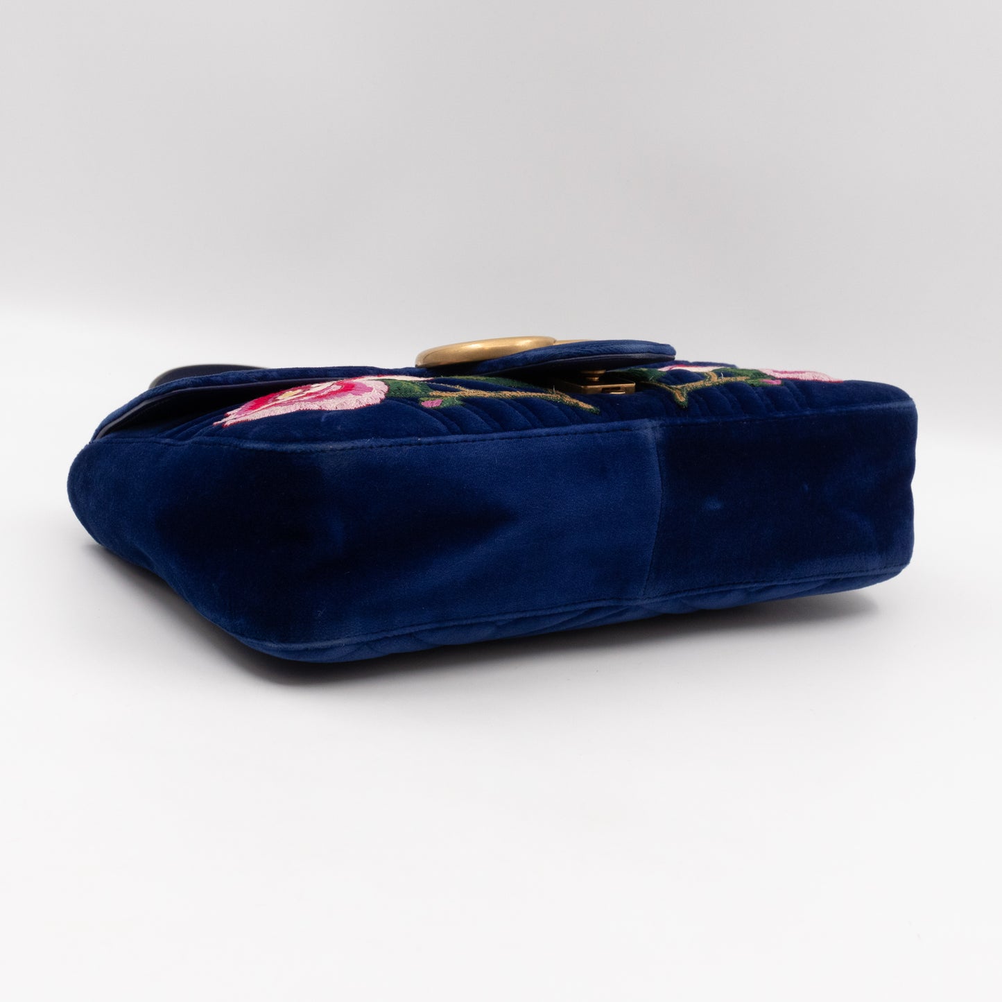 GG Marmont Matelasse Large Blue Velvet Embroidered