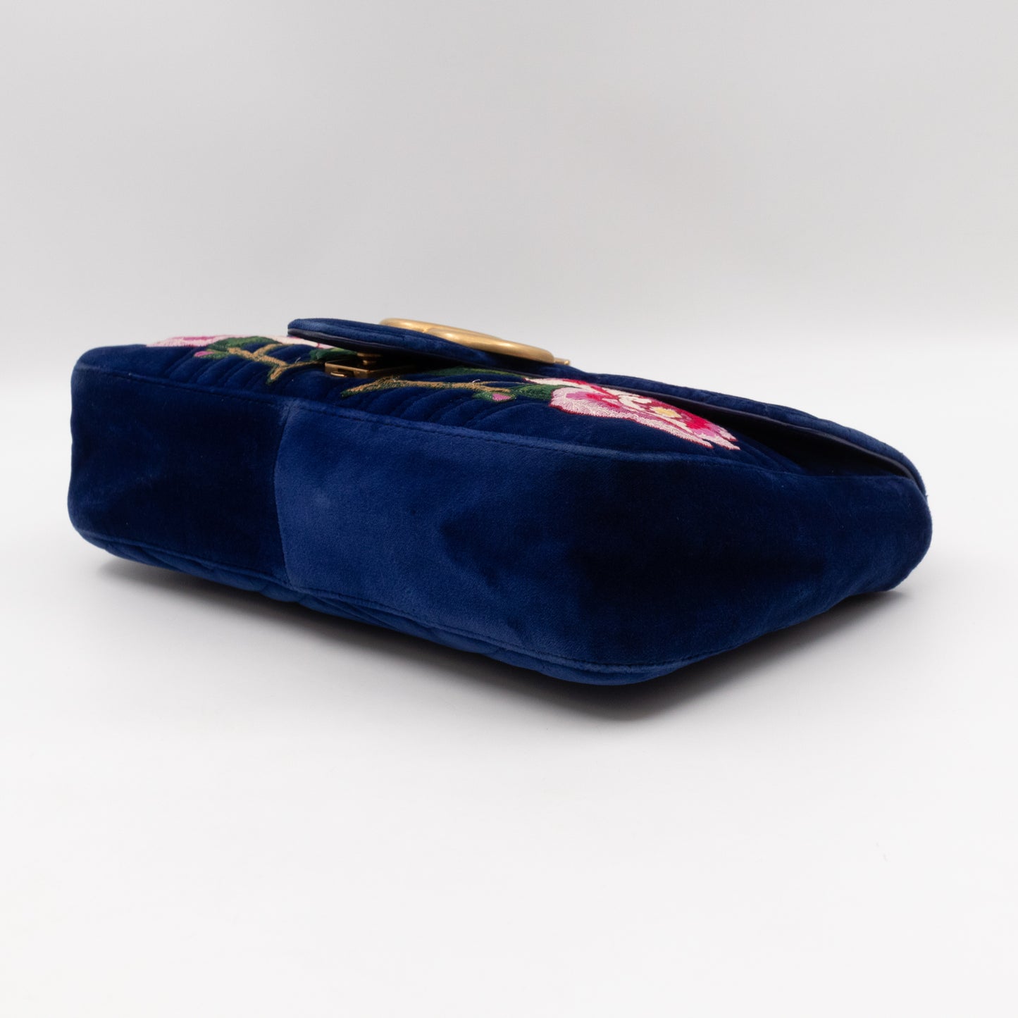 GG Marmont Matelasse Large Blue Velvet Embroidered