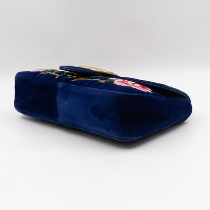 GG Marmont Matelasse Large Blue Velvet Embroidered