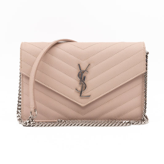 Cassandre Envelope Chain Wallet Rose Beige Grained Leather