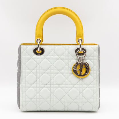 Lady Dior Medium Tri-Color White Grey Yellow Caviar