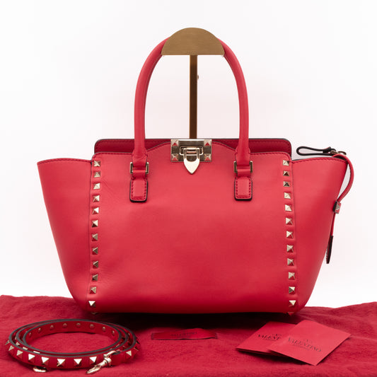 Double Handle Rockstud Tote Bag Red Leather