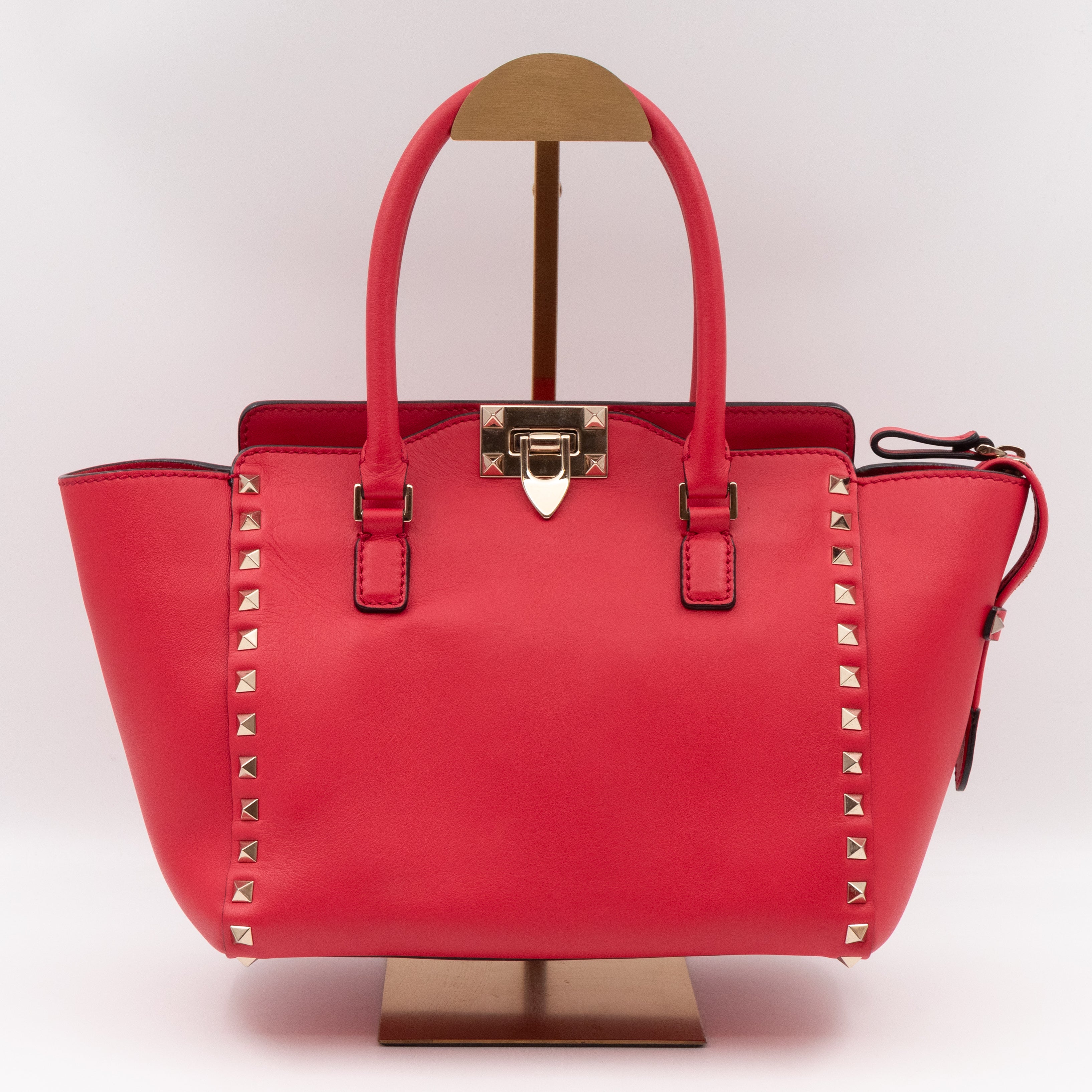 Double Handle Rockstud Tote Bag Red Leather