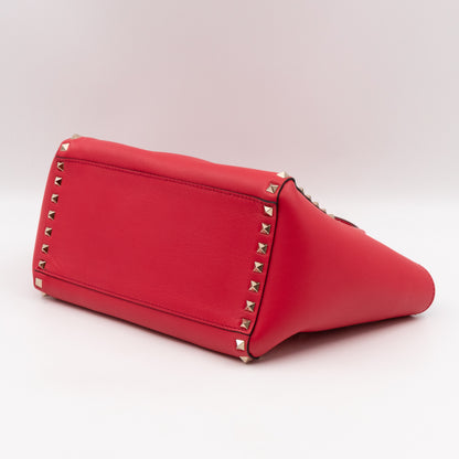 Double Handle Rockstud Tote Bag Red Leather