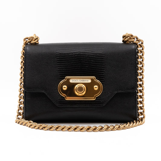 Welcome Shoulder Bag Black Lizard Embossed Leather