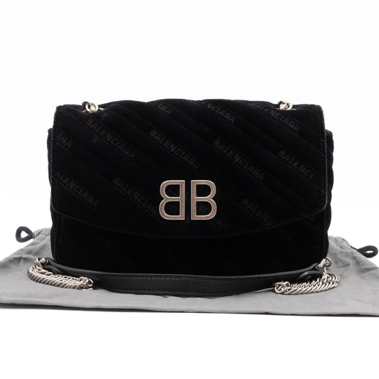 BB Chain Round Shoulder Bag Black Quilted Velvet