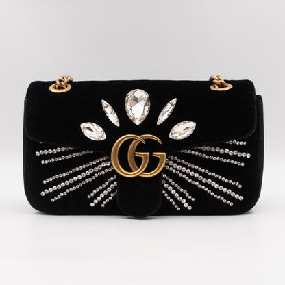 GG Marmont Small Flap Bag Black Velvet Crystals