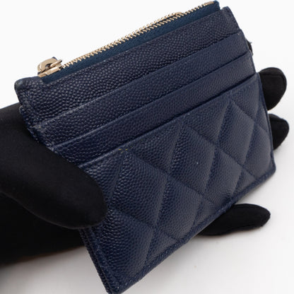 Zipped Card Holder Navy Blue Caviar Leather