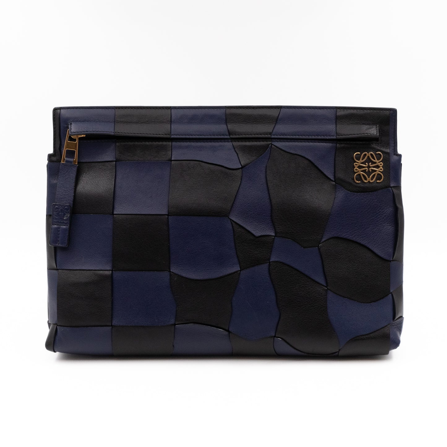 T Pouch Clutch Black & Navy Blue Woven Leather