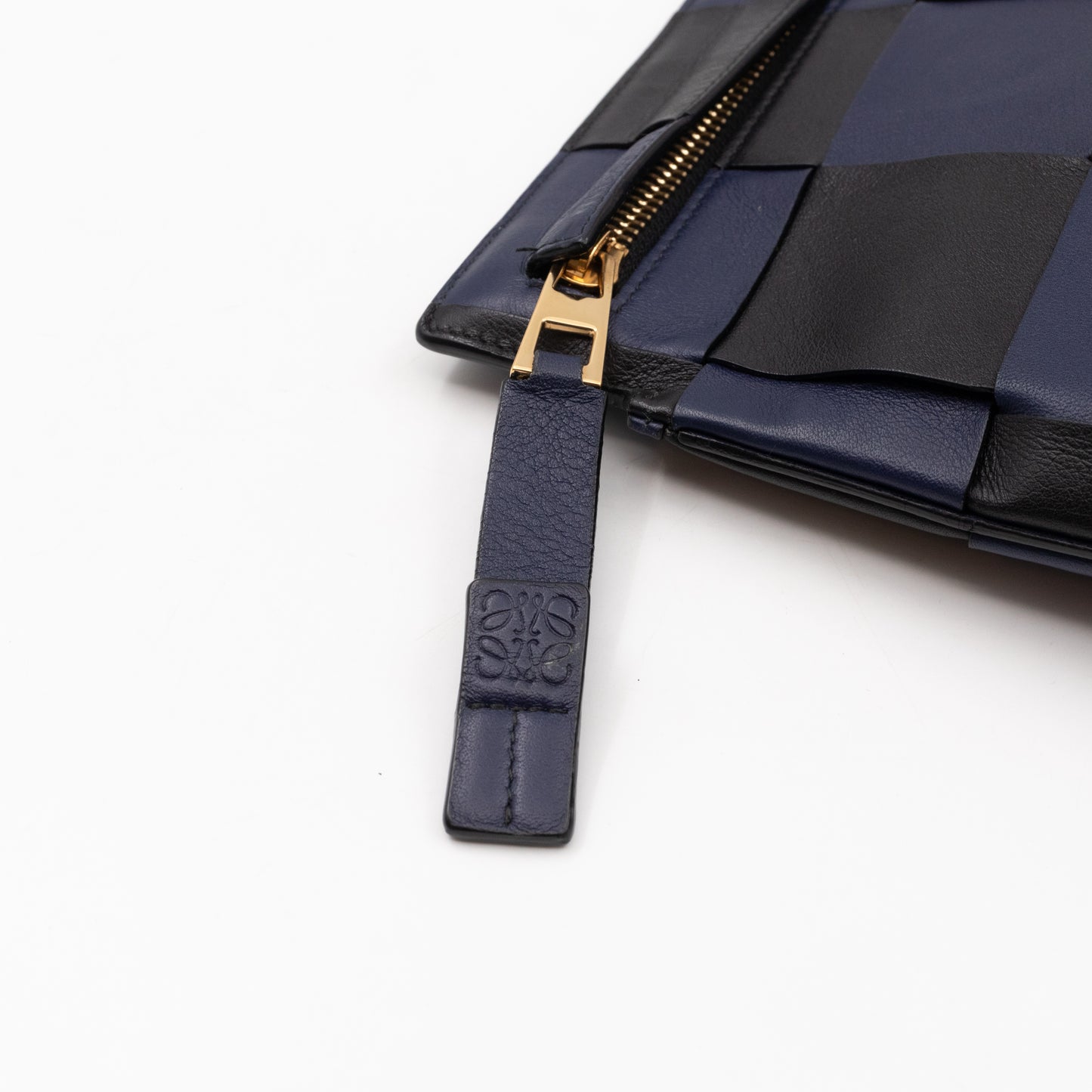 T Pouch Clutch Black & Navy Blue Woven Leather