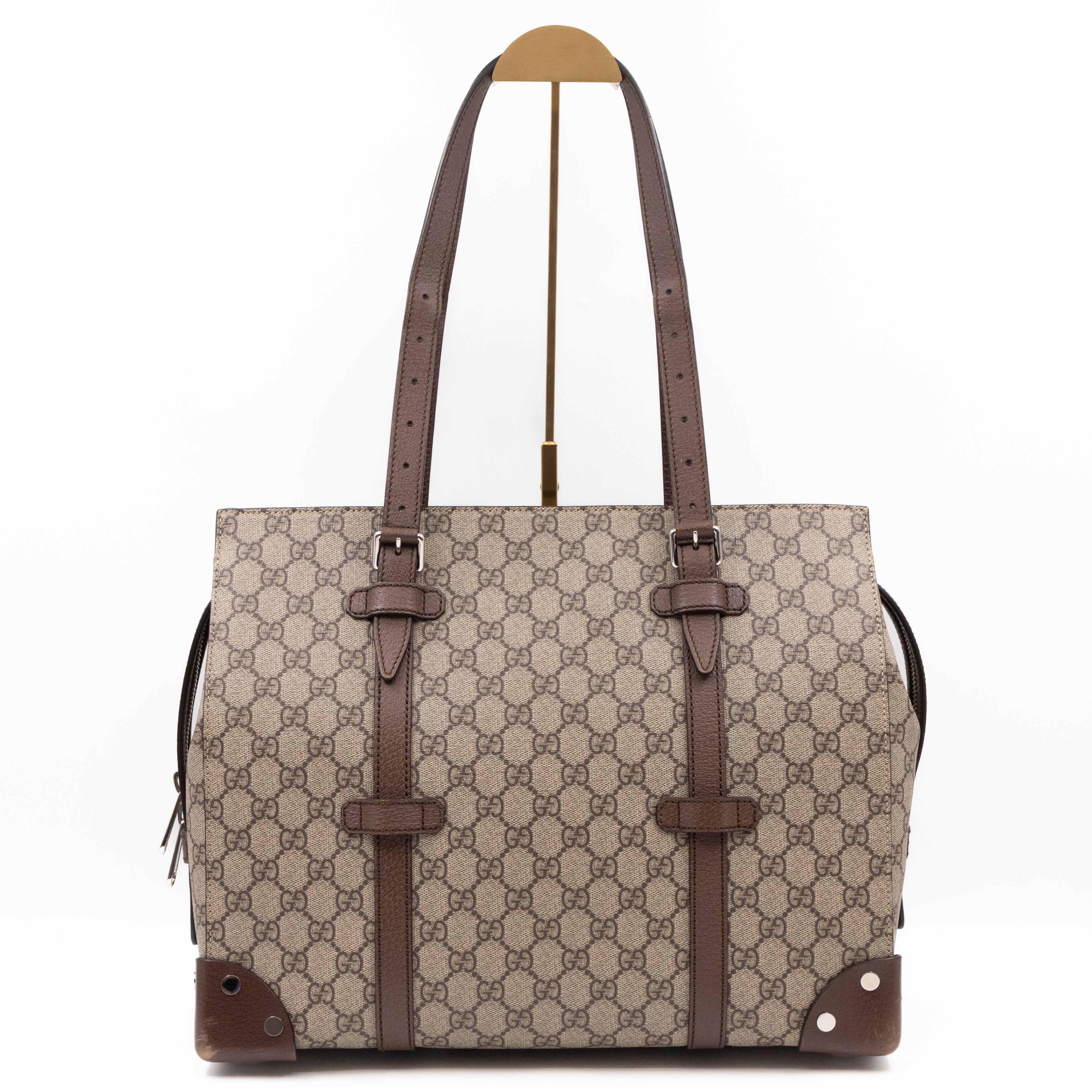 Buckle Travel Tote GG Supreme Canvas Brown Leather