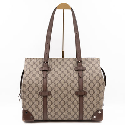 Buckle Travel Tote GG Supreme Canvas Brown Leather