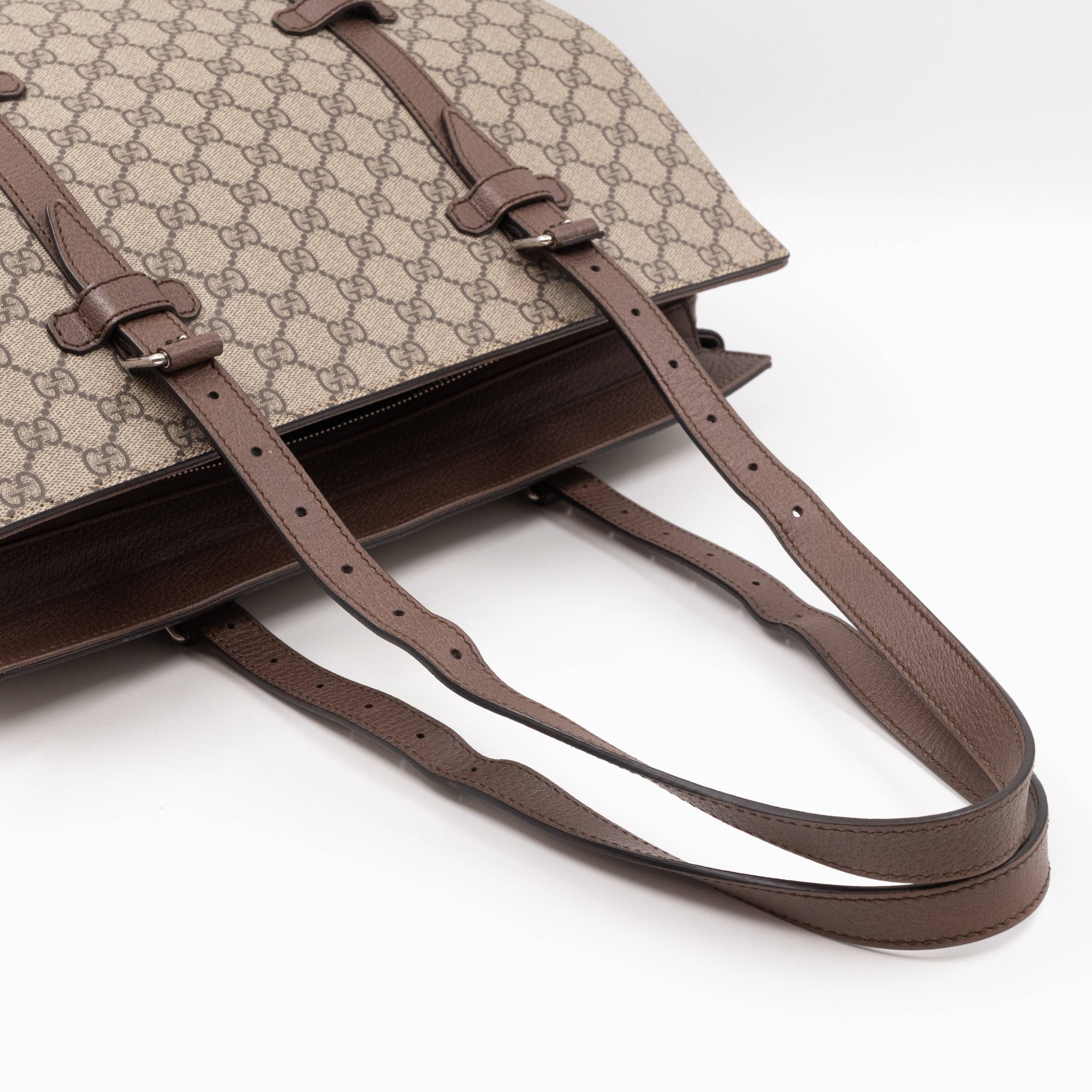 Buckle Travel Tote GG Supreme Canvas Brown Leather
