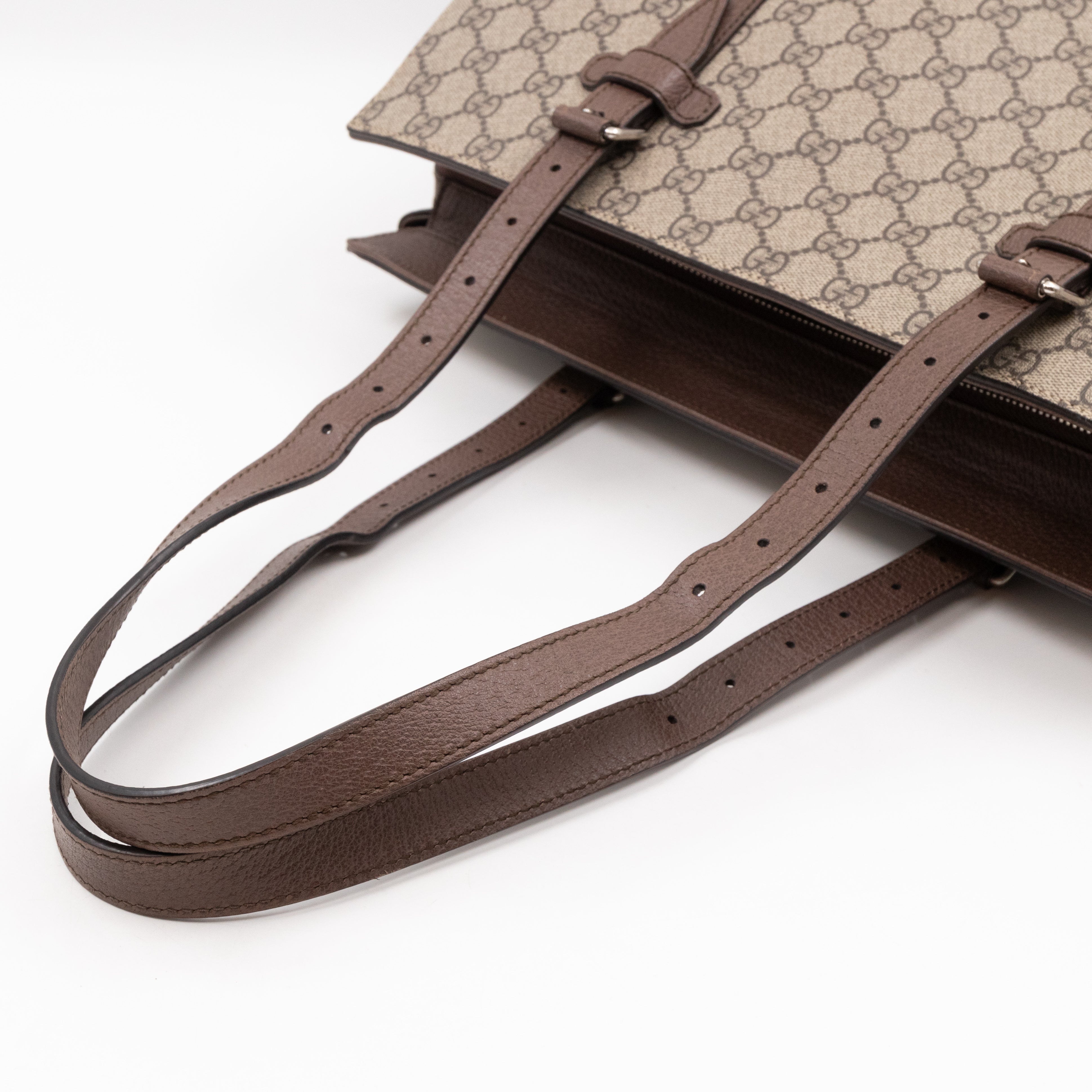 Buckle Travel Tote GG Supreme Canvas Brown Leather