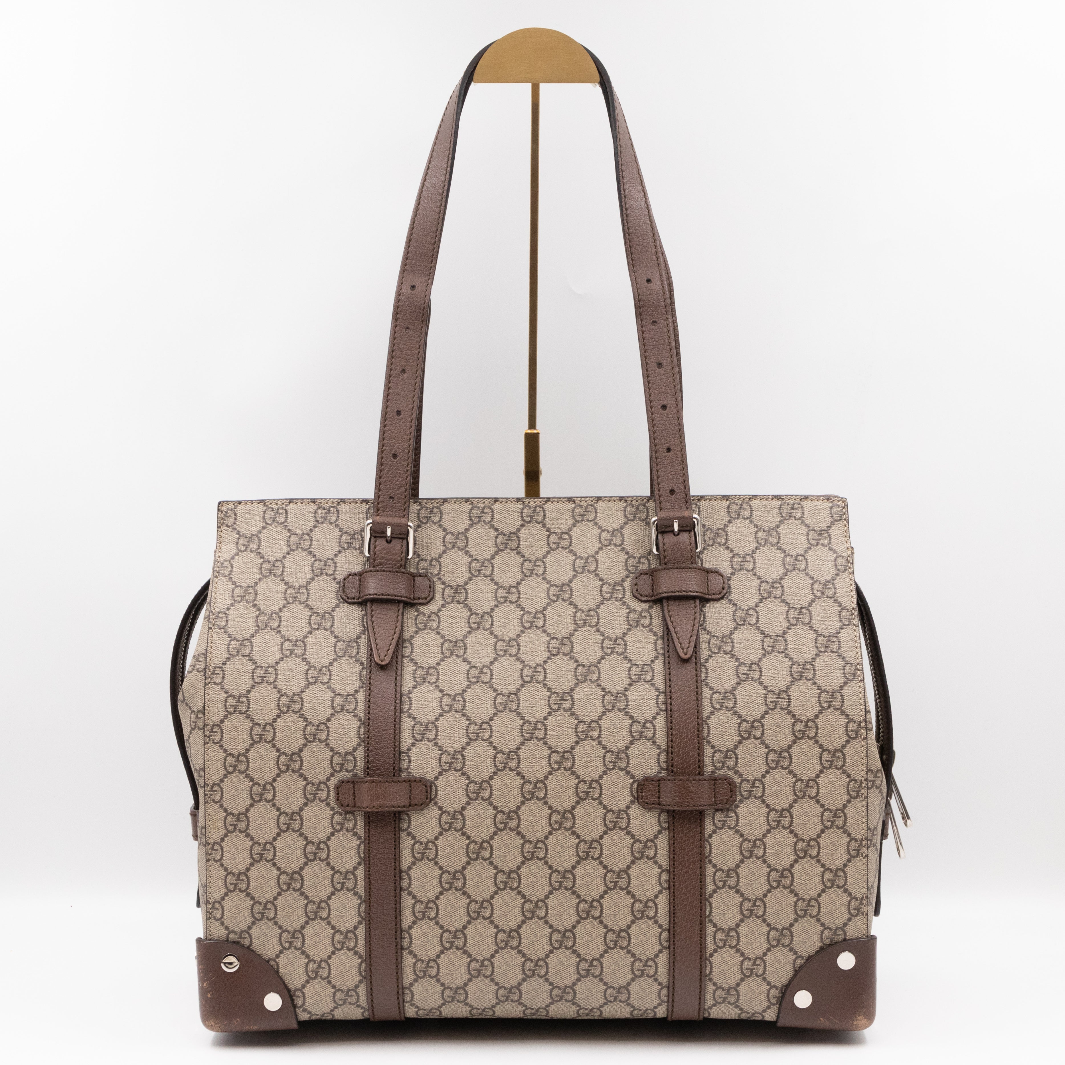 Buckle Travel Tote GG Supreme Canvas Brown Leather