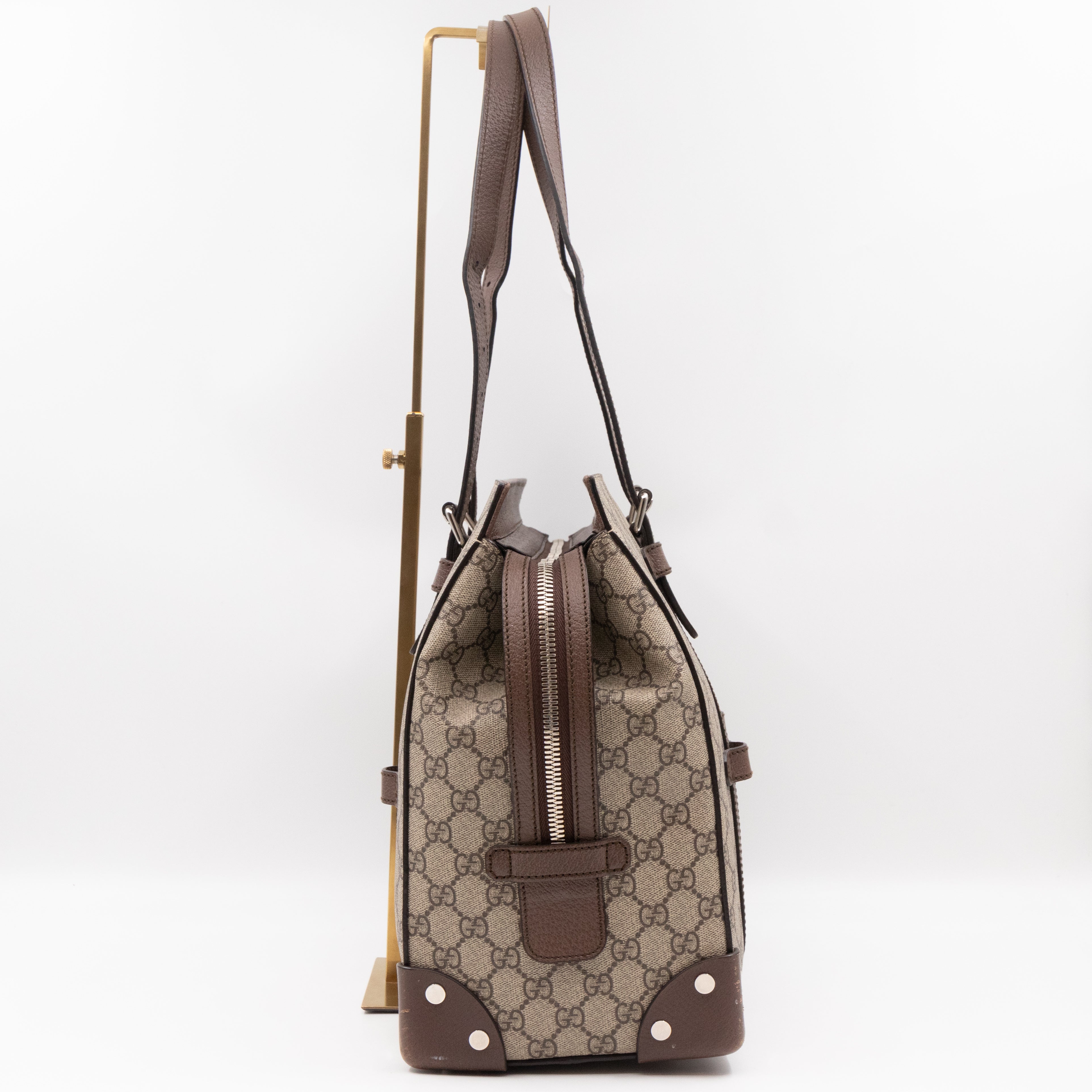 Buckle Travel Tote GG Supreme Canvas Brown Leather