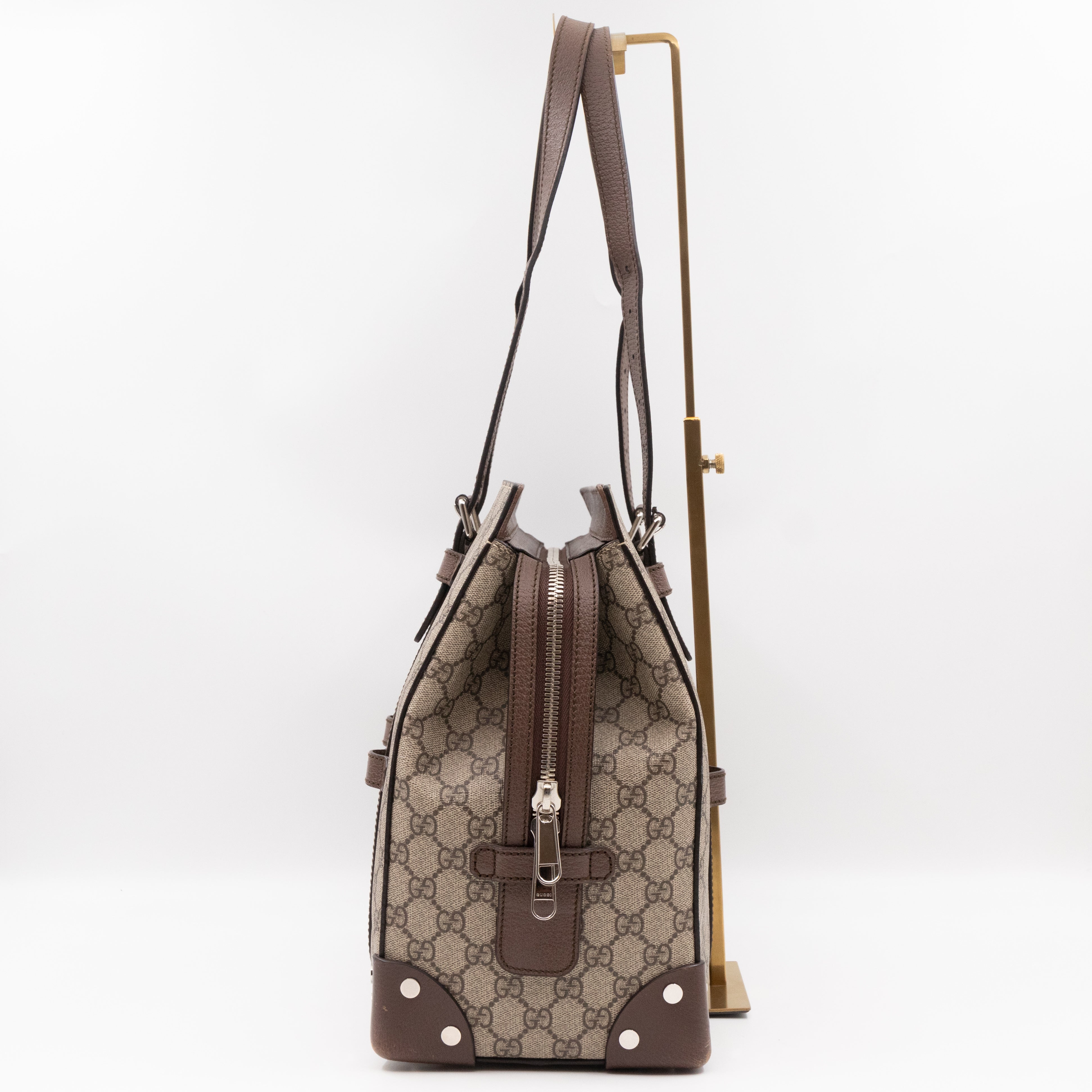 Buckle Travel Tote GG Supreme Canvas Brown Leather