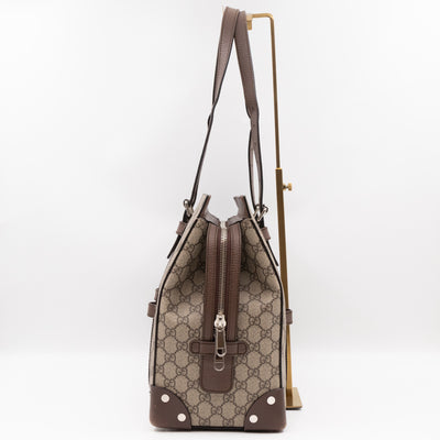 Buckle Travel Tote GG Supreme Canvas Brown Leather