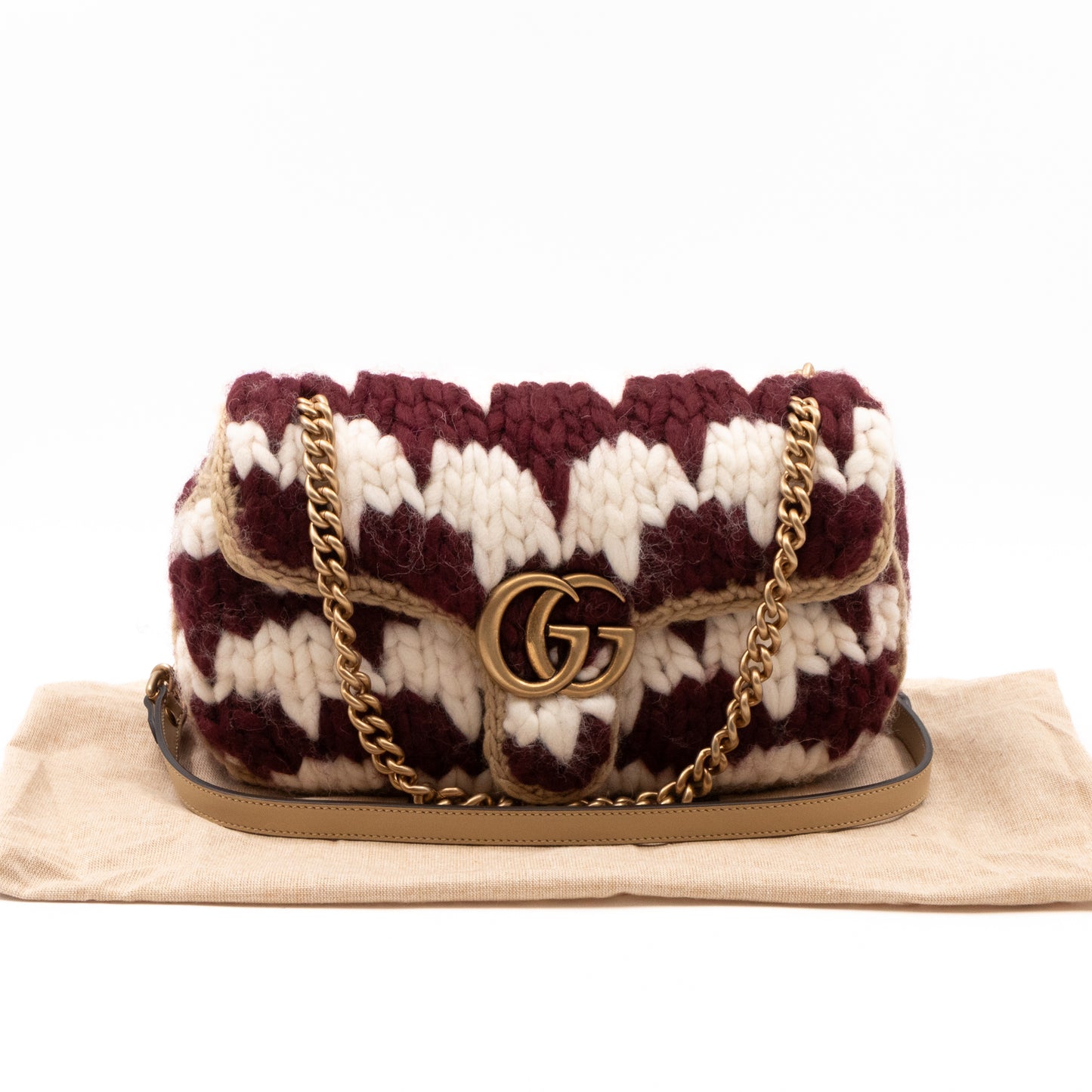 GG Marmont Small Houndstooth Crochet White and Bordeaux