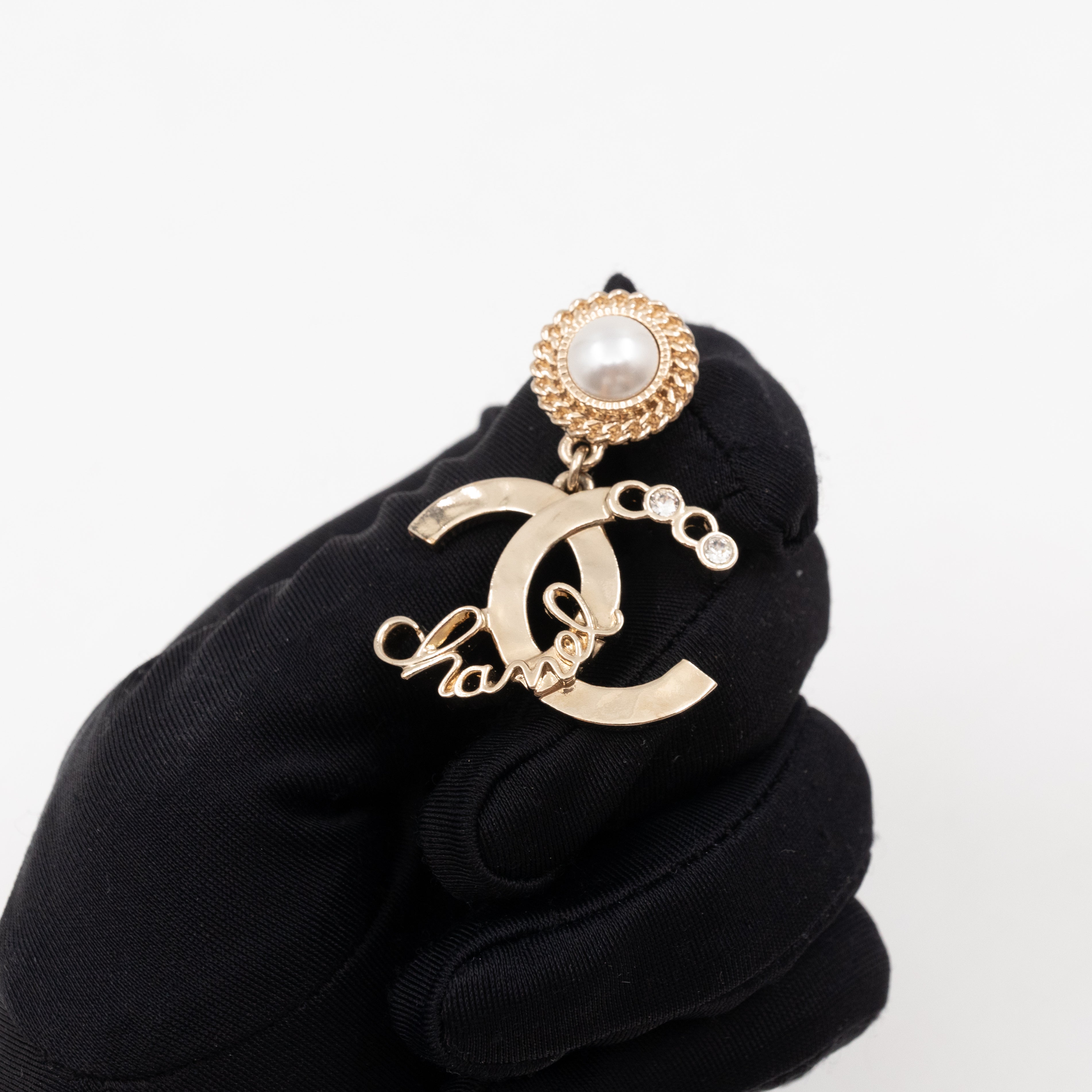Coco Script CC Drop Pearl Cahmpagne Earrings