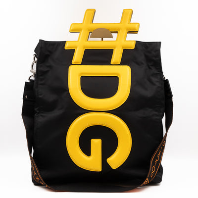 Yellow Hashtag Top Handle Black Nylon Tote
