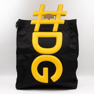 Yellow Hashtag Top Handle Black Nylon Tote