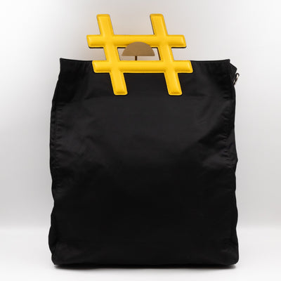 Yellow Hashtag Top Handle Black Nylon Tote