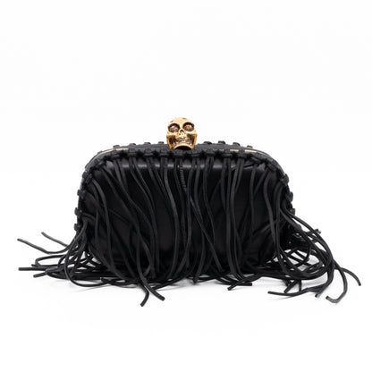 Skull Box Clutch Black Fringes Leather