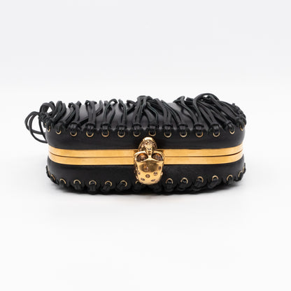 Skull Box Clutch Black Fringes Leather