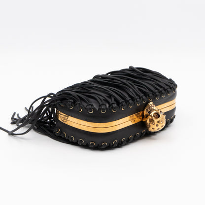 Skull Box Clutch Black Fringes Leather