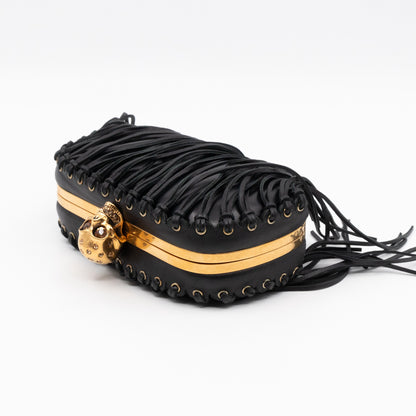 Skull Box Clutch Black Fringes Leather