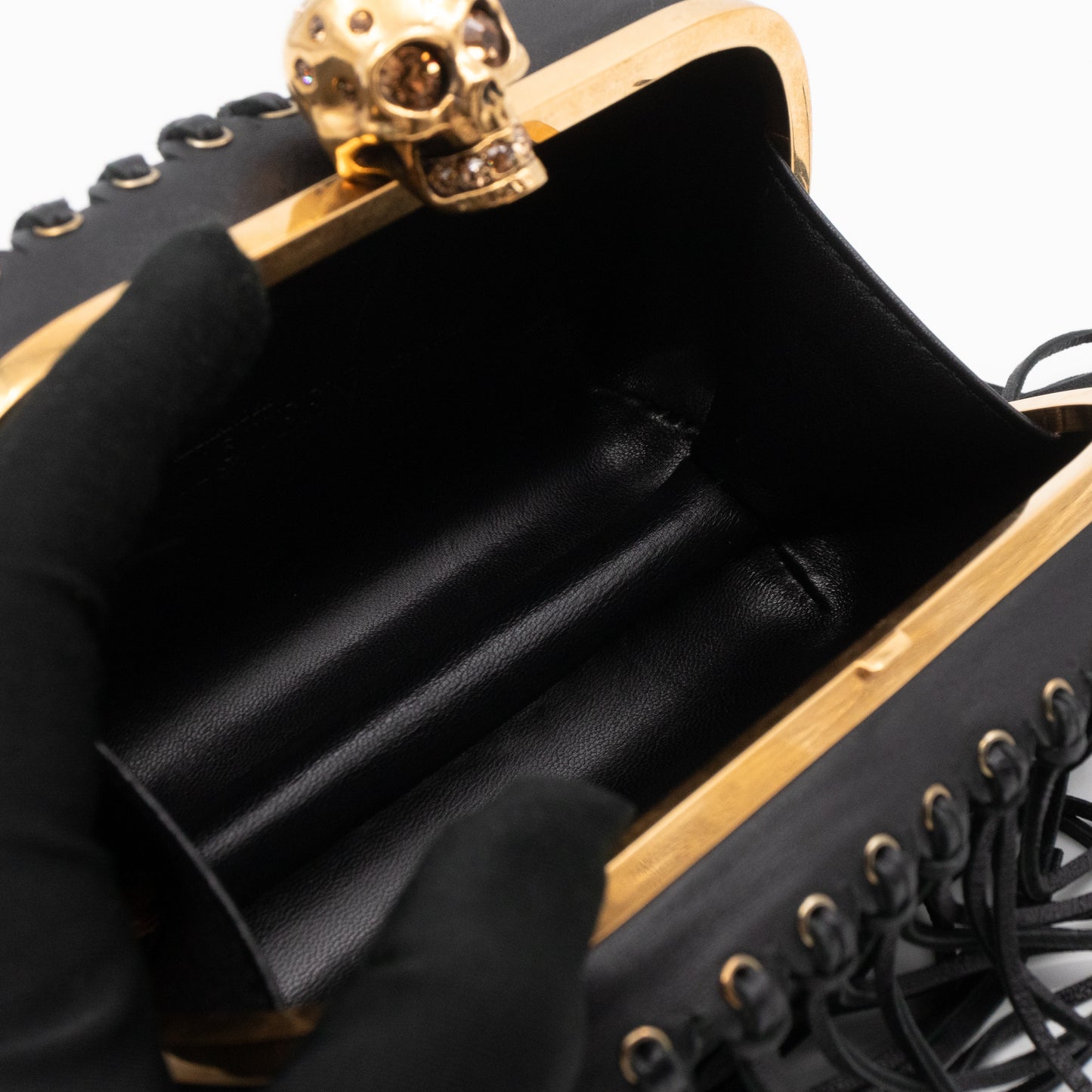 Skull Box Clutch Black Fringes Leather