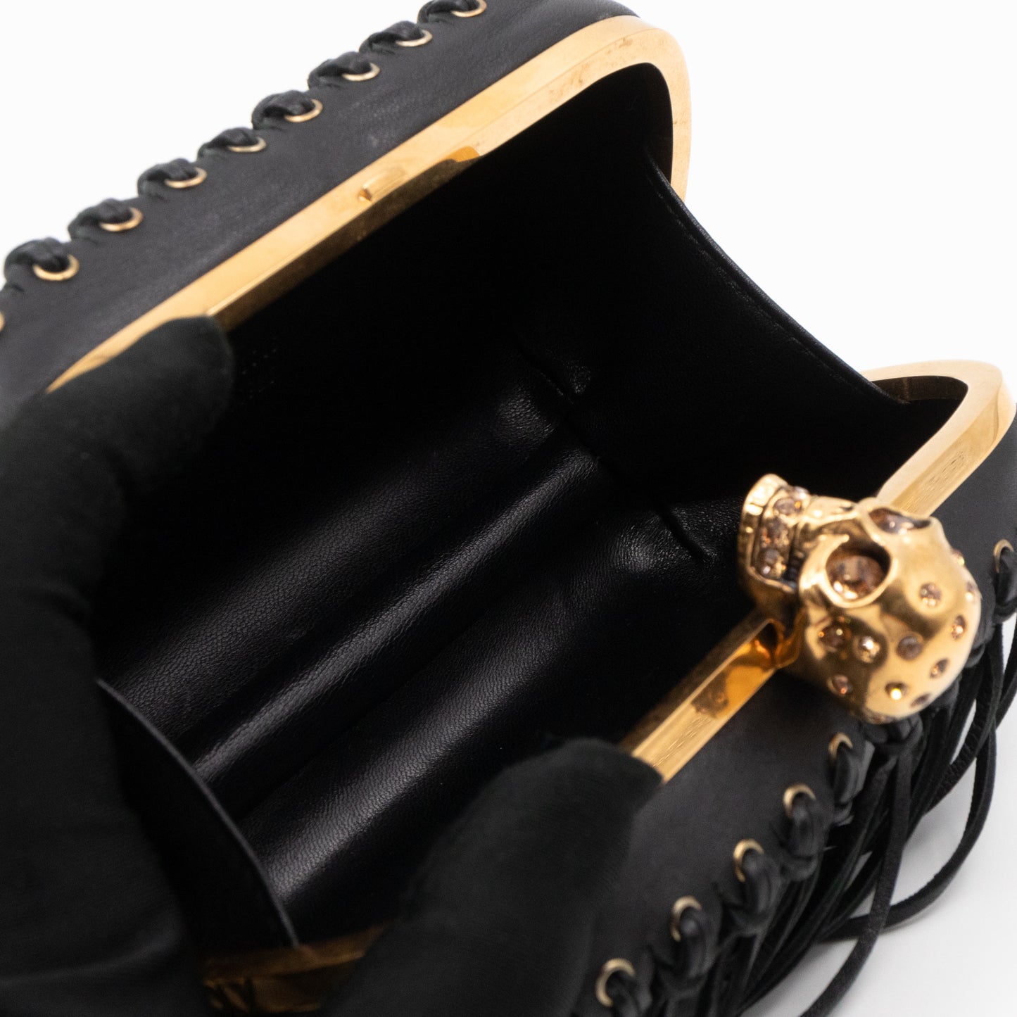 Skull Box Clutch Black Fringes Leather